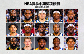 NBA赛季中期奖项预测专题图片，展示多位球星候选人的头像拼图